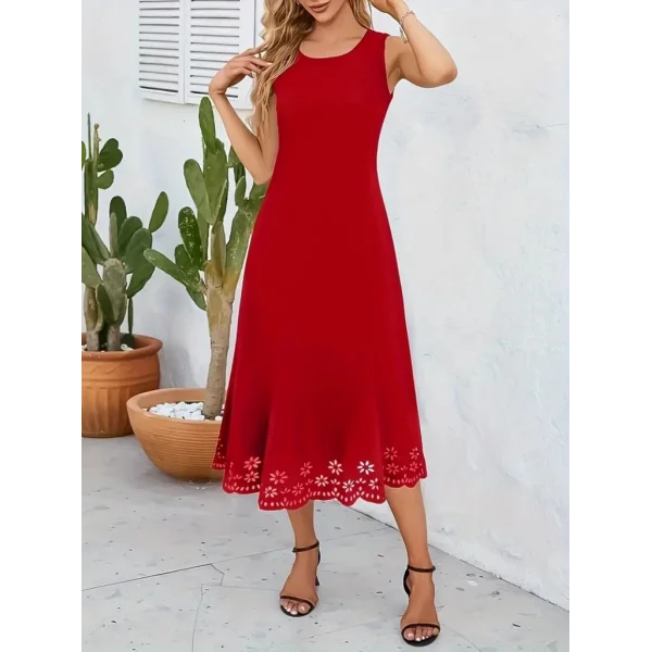 Kadın Kolsuz Etek Ucu Lazer Kesim çiçek Desenli Midi Boy Ithal Krep Elbise