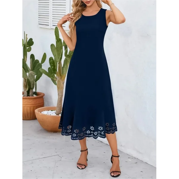 Kadın Kolsuz Etek Ucu Lazer Kesim çiçek Desenli Midi Boy Ithal Krep Elbise