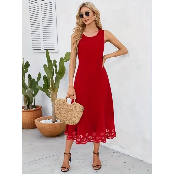 Kadın Kolsuz Etek Ucu Lazer Kesim çiçek Desenli Midi Boy Ithal Krep Elbise