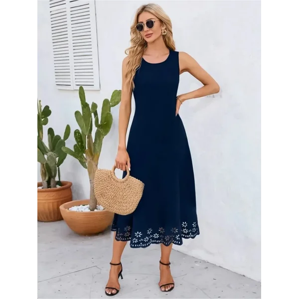 Kadın Kolsuz Etek Ucu Lazer Kesim çiçek Desenli Midi Boy Ithal Krep Elbise