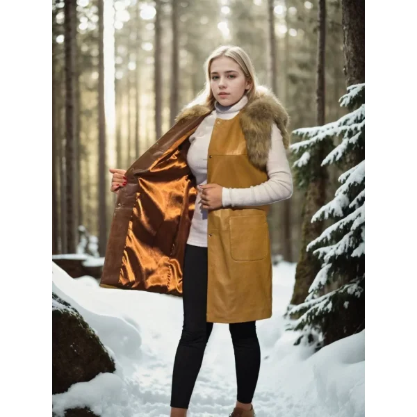 Kadın Kolsuz Hakiki Deri Kürk - Hardal