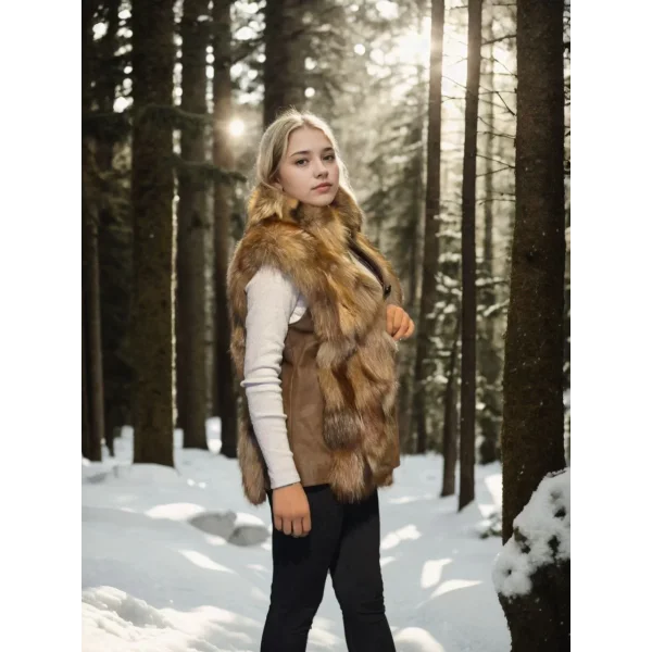 Kadın Kolsuz Hakiki Deri Kürk - Kahve