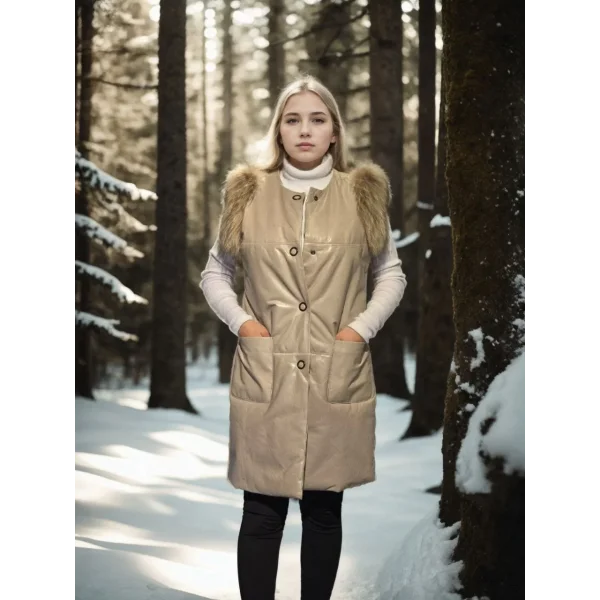 Kadın Kolsuz Hakiki Deri Kürk - Krem