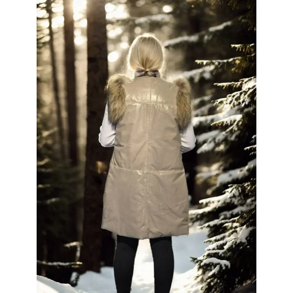 Kadın Kolsuz Hakiki Deri Kürk - Krem