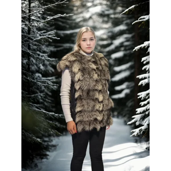 Kadın Kolsuz Hakiki Deri Kürk - Siyah