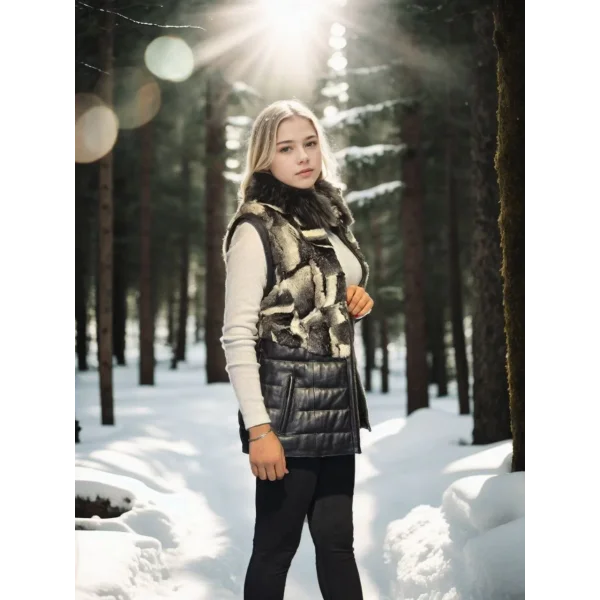 Kadın Kolsuz Hakiki Deri Kürk - Siyah