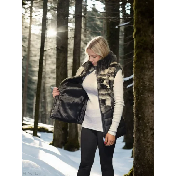 Kadın Kolsuz Hakiki Deri Kürk - Siyah