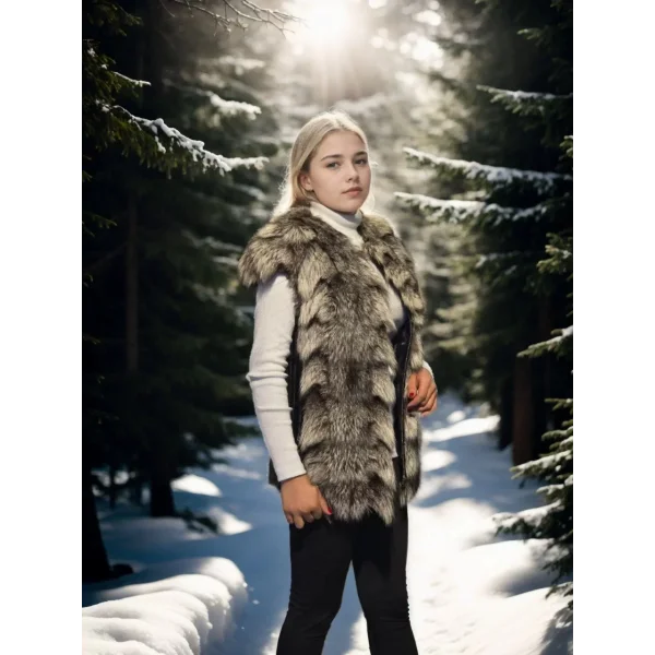 Kadın Kolsuz Hakiki Deri Kürk - Siyah