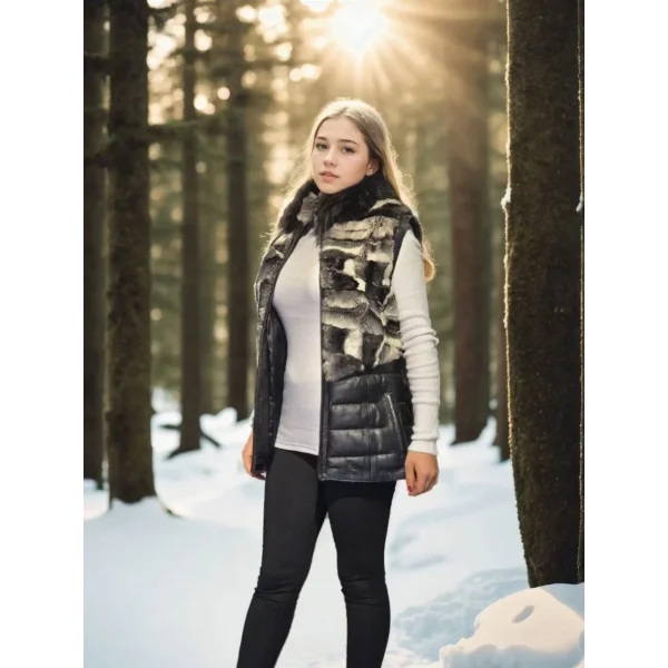 Kadın Kolsuz Hakiki Deri Kürk - Siyah