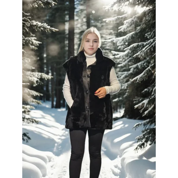 Kadın Kolsuz Hakiki Yelek - Siyah