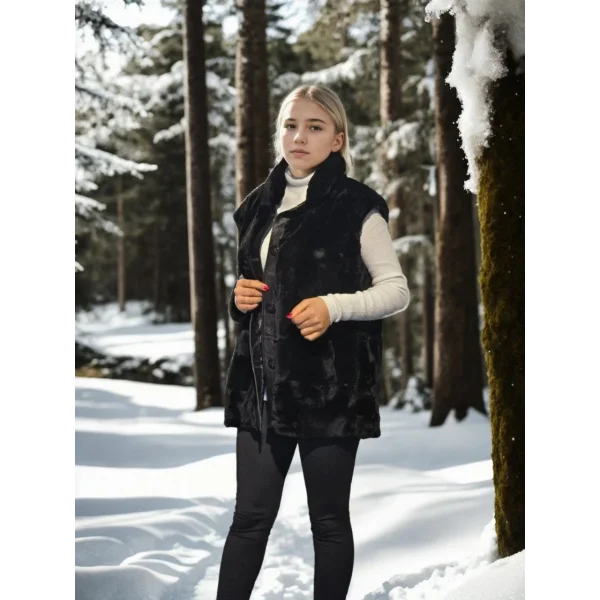 Kadın Kolsuz Hakiki Yelek - Siyah