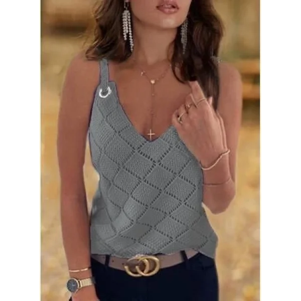 Kadın Kolsuz Halka Detay Baklava Desen Askılı Triko Bluz