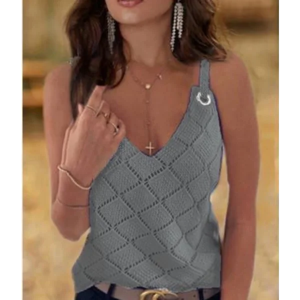 Kadın Kolsuz Halka Detay Baklava Desen Askılı Triko Bluz