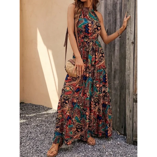 Kadın Kolsuz Halter Yaka Beli Lastikli  Otantik Desenli Mikro Kumaş Elbise