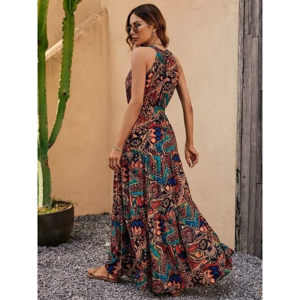 Kadın Kolsuz Halter Yaka Beli Lastikli  Otantik Desenli Mikro Kumaş Elbise