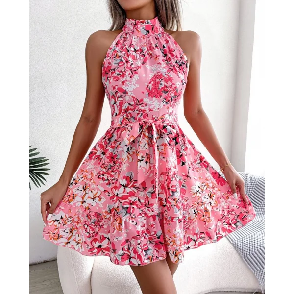 Kadın Kolsuz Halter Yaka çiçek Baskılı Eteği Volanlı Sandy Elbise