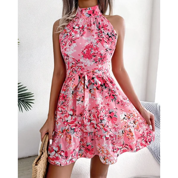 Kadın Kolsuz Halter Yaka çiçek Baskılı Eteği Volanlı Sandy Elbise