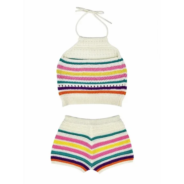 Kadın Kolsuz Halter Yaka çizgi Desenli Crop şort Ikili Triko Takım