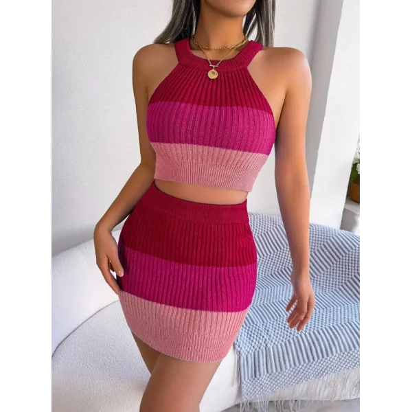 Kadın Kolsuz Halter Yaka Crop Ve Mini Etek Ikili Triko Takım