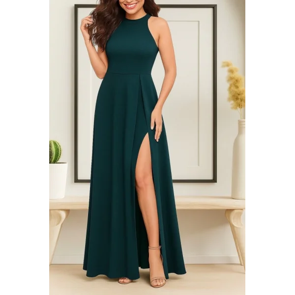 Kadın Kolsuz Halter Yaka Derin Yırtmaç Detaylı Tam Boy Ithal Krep Elbise