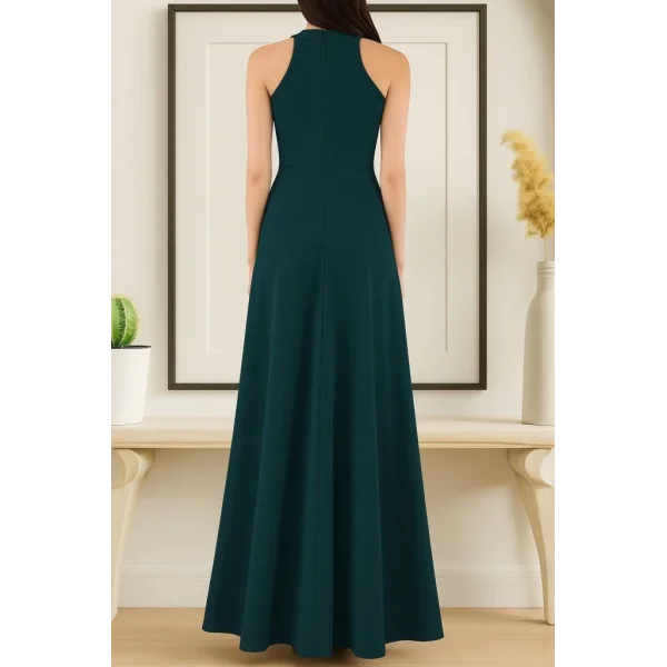 Kadın Kolsuz Halter Yaka Derin Yırtmaç Detaylı Tam Boy Ithal Krep Elbise