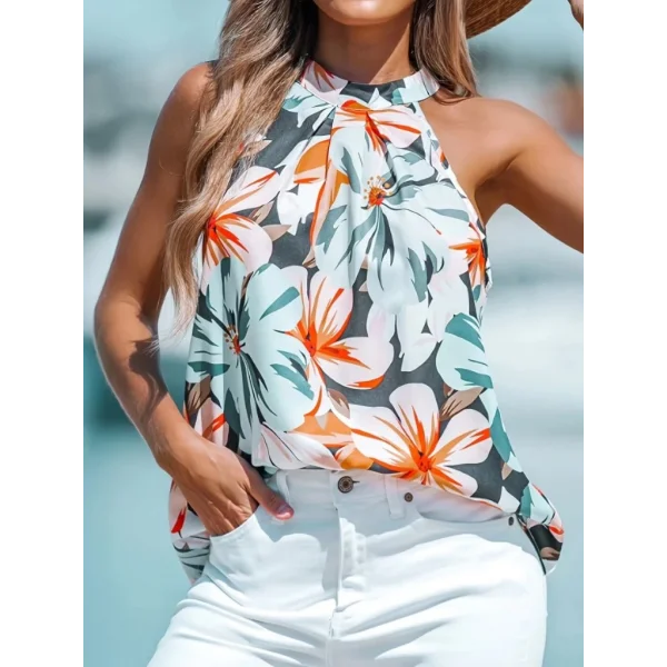 Kadın Kolsuz Halter Yaka Desenli Bluz