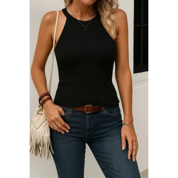 Kadın Kolsuz Halter Yaka Mini Baklava Desenli Triko Bluz