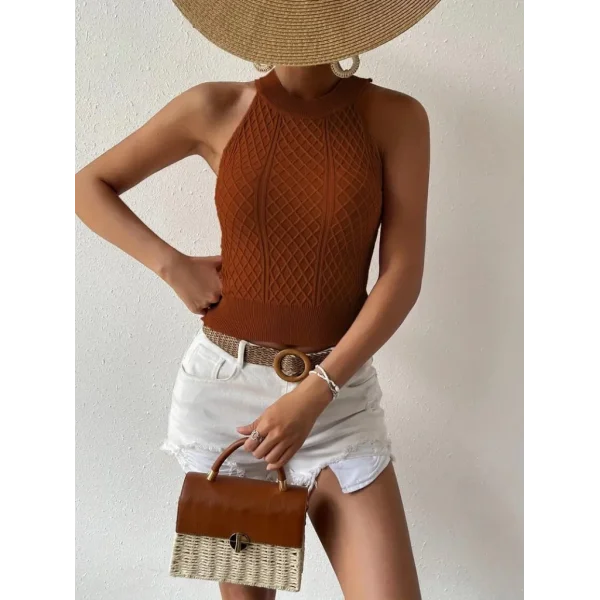 Kadın Kolsuz Halter Yaka Mini Baklava Desenli Triko Bluz