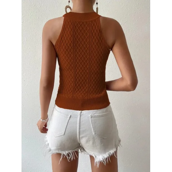 Kadın Kolsuz Halter Yaka Mini Baklava Desenli Triko Bluz