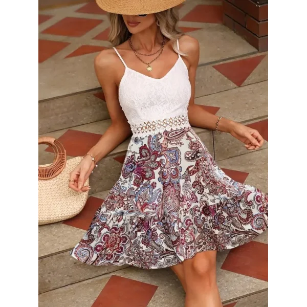 Kadın Kolsuz Ip Askılı önü Güpürlü V Yakalı çiçek Baskılı Süprem Elbise