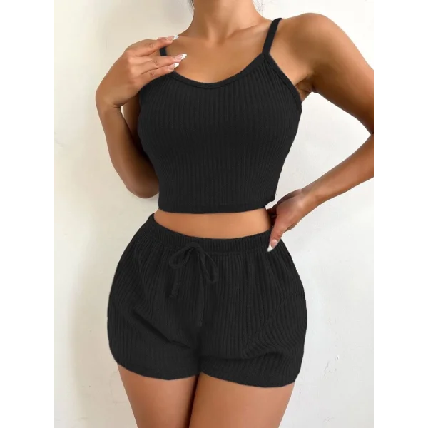 Kadın Kolsuz Ip Askılı V Yakalı Krop Bluz Kalın Fitilli Kaşkorse Ikili Takım