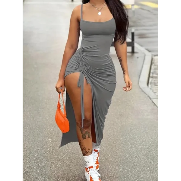 Kadın Kolsuz Ip Askılı Yandan Büzgülü Uzun Viskon Elbise