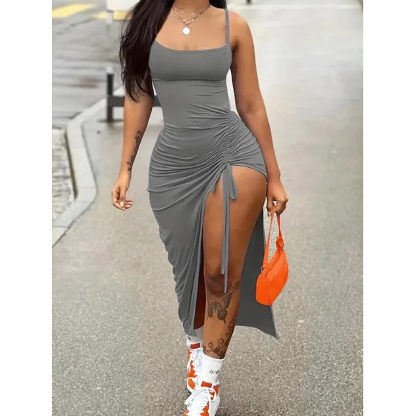 Kadın Kolsuz Ip Askılı Yandan Büzgülü Uzun Viskon Elbise