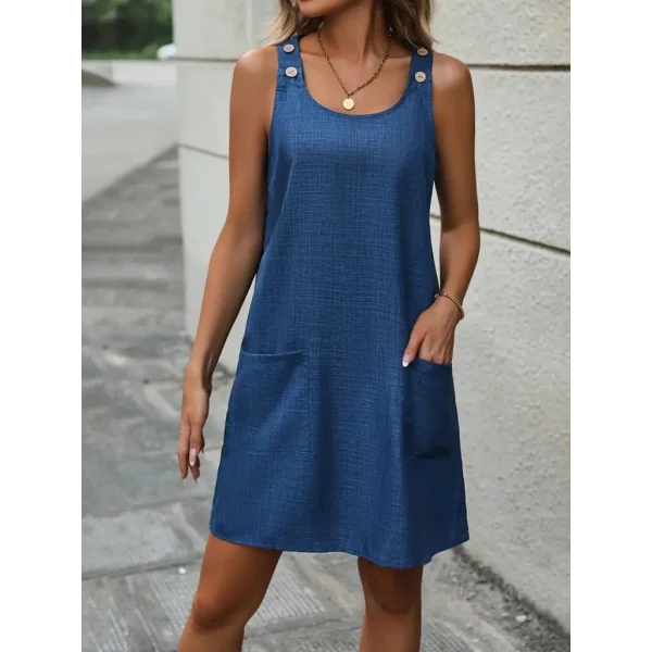 Kadın Kolsuz Kalın Askılı Düğme Detay Cepli Keten Elbise