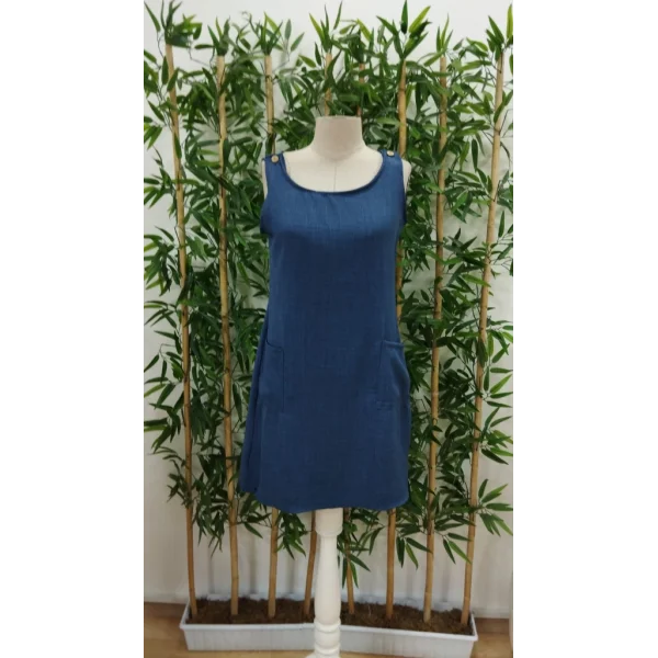 Kadın Kolsuz Kalın Askılı Düğme Detay Cepli Keten Elbise