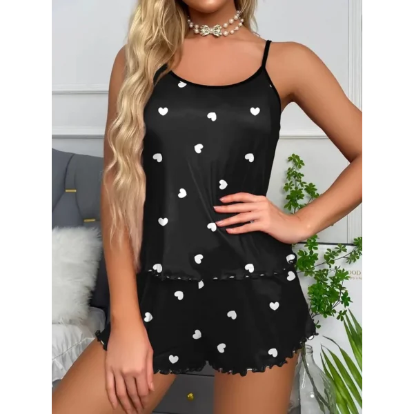 Kadın Kolsuz Kalp Desen şortlu Süprem Pijama Takımı