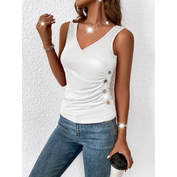 Kadın Kolsuz Kruvaze Kesim Bel Düğme Detaylı Viskon Bluz