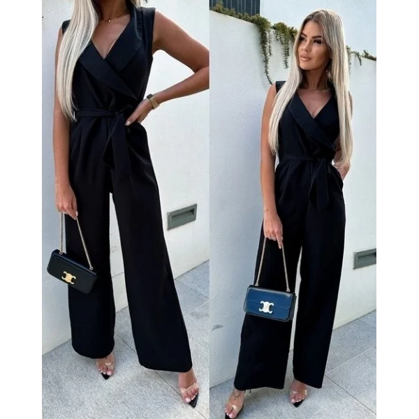 Kadın Kolsuz Kruvaze Yaka Kuşaklı Krep Tulum