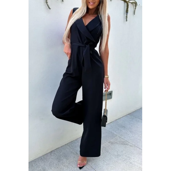 Kadın Kolsuz Kruvaze Yaka Kuşaklı Krep Tulum