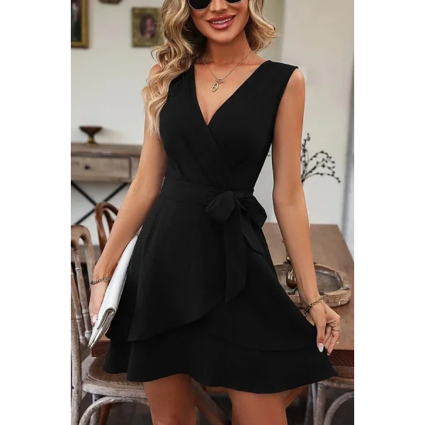 Kadın Kolsuz Kruvaze Yakalı Belden Kuşaklı Janjan Krep Elbise