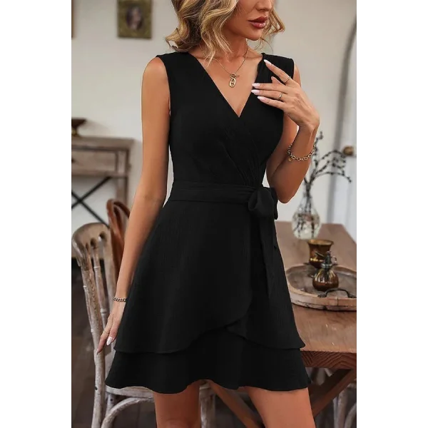 Kadın Kolsuz Kruvaze Yakalı Belden Kuşaklı Janjan Krep Elbise