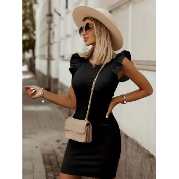 Kadın Kolsuz Omzu Volanlı Bisiklet Yaka Kaşkorse Mini Elbise