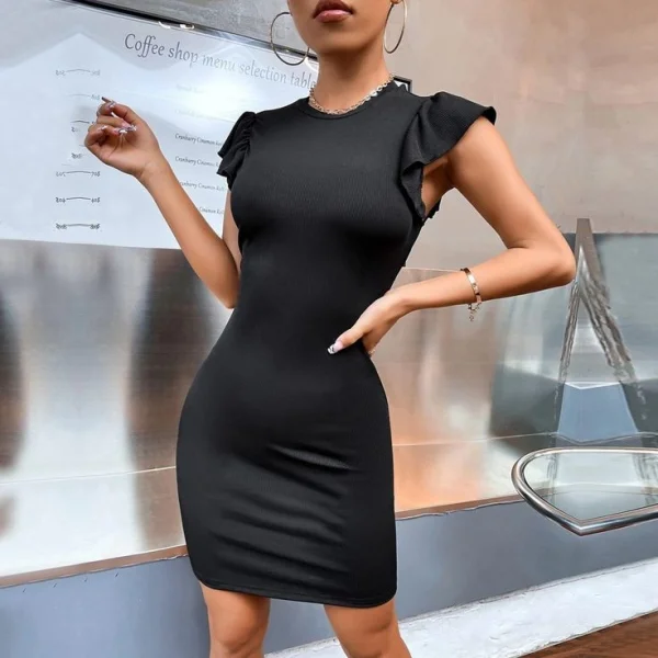 Kadın Kolsuz Omzu Volanlı Bisiklet Yaka Kaşkorse Mini Elbise