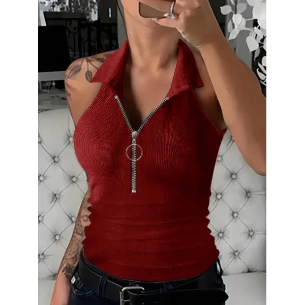 Kadın Kolsuz Polo Yaka önü Fermuarlı Kaşkorse Bluz