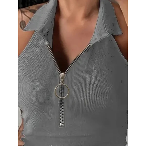 Kadın Kolsuz Polo Yaka önü Fermuarlı Kaşkorse Bluz