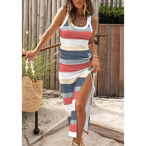 Kadın Kolsuz şerit Desenli Büzgü Yırtmaçlı Pegasus Kumaş Elbise