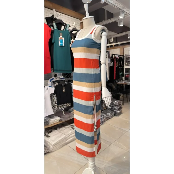 Kadın Kolsuz şerit Desenli Büzgü Yırtmaçlı Pegasus Kumaş Elbise