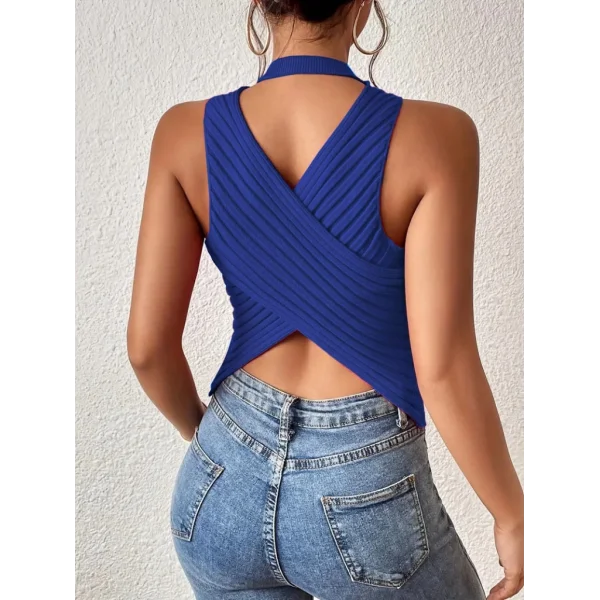 Kadın Kolsuz Sırt çapraz Detay Triko Bluz