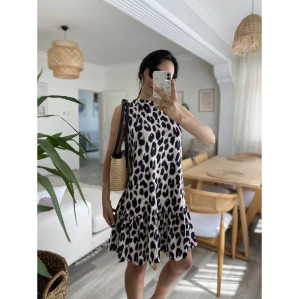 Kadın Kolsuz Sırttan Bağlamalı Fırfırlı Leopar Desenli Süprem Elbise
