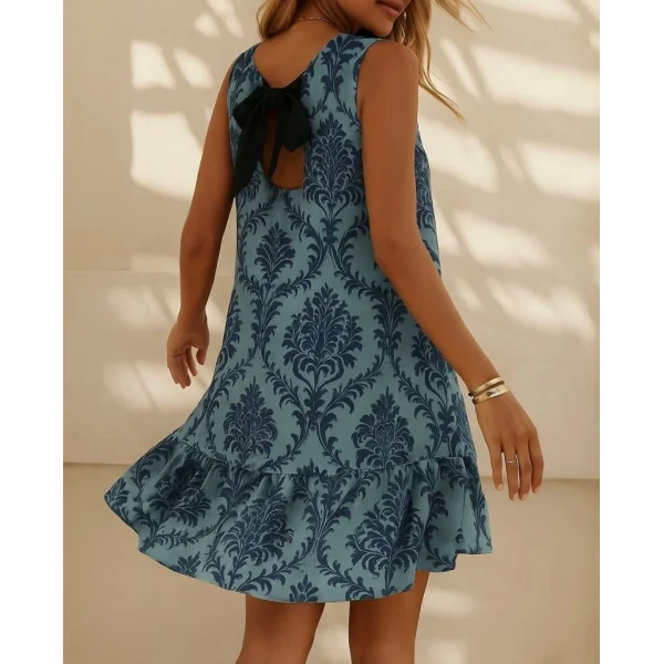 Kadın Kolsuz Sırttan Bağlamalı Fırfırlı Leopar Desenli Süprem Elbise